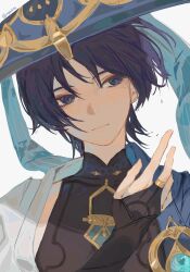Rule 34 | 1boy, anemo symbol (genshin impact), armor, black bodysuit, black bridal gauntlets, black eyes, black hair, blue gemstone, blue hat, blunt ends, bodysuit, bridal gauntlets, closed mouth, covered collarbone, expressionless, eyelashes, eyeliner, eyeshadow, gem, genshin impact, gold, gold ring, hat, head tilt, highres, japanese armor, japanese clothes, jingasa, kimono, kote, kurokote, looking to the side, makeup, male focus, mandarin collar, middle ring, open clothes, open hand, open kimono, portrait, red eyeliner, red eyeshadow, scaramouche (genshin impact), shoulder peek, sideways glance, sketch, solo, sym (sym157a), tsurime, twitter username, vision (genshin impact), wanderer (genshin impact), white background, white kimono, wispy bangs