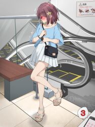 1girl artist_name bag bench blue_shirt blush bracelet cellphone clothes_writing collarbone commentary_request drooling embarrassed escalator faceless faceless_female flat_chest full_body glasses handbag hands_up highres holding_strap indoors jewelry kakuremino7928 large_variant_set leg_up legs miniskirt nail_polish nose_blush open_mouth original phone pink_nails pleated_skirt profile public_indecency public_vibrator purple_hair pussy_juice raised_eyebrows red-framed_eyewear remote_control_vibrator revision saliva sandals semi-rimless_eyewear sex_toy shirt shirt_tucked_in short_hair short_sleeves shoulder_bag sidelocks sign signature skirt smartphone solo speech_bubble stairs standing standing_on_one_leg sweat tears thighs tile_floor tiles toenail_polish toenails translated trembling twitter_username variant_set vibrator vibrator_under_clothes white_sandals white_skirt