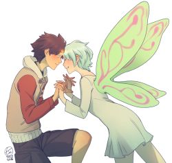 1boy 1girl aqua_hair artist_name blue_eyes blush brown_hair butterfly_wings closed_eyes commentary_request commission dress eureka_(eureka_seven) eureka_seven eureka_seven_(series) face-to-face insect_wings interlocked_fingers raglan_sleeves renton_thurston short_hair shorts smile ticcy transparent_background wings