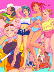 4boys 5girls afro_puffs aliya_mahvash bikini black_hair blue_hair braid breasts brown_hair chuatury_panlunch frilled_bikini frilled_bikini_top frills front-tie_bikini_top front-tie_top green_hair gundam gundam_suisei_no_majo hair_ribbon hat highres holding holding_water_gun ivy_hermit lilique_kadoka_lipati male_swimwear martin_upmont medium_breasts multicolored_hair multiple_boys multiple_girls nika_nanaura nuno_kargan ojelo_gabel one-piece_swimsuit orange_hair pink_hair plump red_hair ribbon sports_bra suletta_mercury sun_hat swim_trunks swimsuit till_nys towel two-tone_hair two-tone_one-piece_swimsuit water_gun white_hair