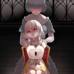 1other 2girls bar_censor blonde_hair blush breasts breasts_out censored chair clothes grey_hair hands_on_another&#039;s_shoulders inverted_nipples large_breasts looking_at_viewer medium_hair multiple_girls nipples open_mouth original paizuri pink_eyes pov pt sitting stray_pubic_hair twintails