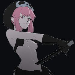 Rule 34 | 1girl, bakuzan, belt, belt pouch, black gloves, black headwear, breasts, closed mouth, dagger, gloves, highres, holding, holding dagger, holding knife, holding weapon, holster, hong doo, jakuzure nonon, kill la kill, knife, naked belt, navel, nudist beach uniform, pink eyes, pink hair, pouch, reverse grip, shoulder holster, skull print, small breasts, solo, utility belt, weapon