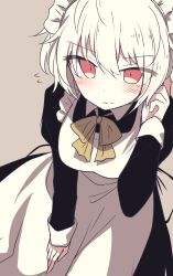 1girl blush breasts damao_(kiwa777) highres large_breasts leaning_forward maid maid_headdress non-web_source original simple_background source_request tagme white_hair