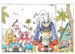 3girls baobhan_sith_(fate) baobhan_sith_(swimsuit_pretender)_(first_ascension)_(fate) barghest_(fate) barghest_(swimsuit_archer)_(first_ascension)_(fate) bird blonde_hair blue_jacket breasts car cernunnos_(fate) character_hood cropped_jacket crying faerie_knights_(fate) fate/grand_order fate_(series) gloves goggles headwear_with_attached_mittens highres jacket long_hair melusine_(fate) melusine_(swimsuit_ruler)_(fate) melusine_(swimsuit_ruler)_(first_ascension)_(fate) microskirt moped motor_vehicle multiple_girls navel open_mouth orange_shirt palm_tree pink_hair pink_skirt pointing pointy_ears ponytail red_gloves seagull shirt sitting skirt streaming_tears tears tree white_hair yellow_eyes yifan-zeng