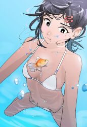 1girl absurdres air_bubble bikini black_eyes black_hair breasts bubble chainsaw_man fish goldfish hair_ornament hairclip higashiyama_kobeni highres holding_breath mole mole_under_eye mole_under_mouth moti1250 navel small_breasts solo submerged swimsuit underwater water white_bikini