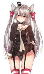 Rule 34 | 1girl, amatsukaze (kancolle), amatsukaze kai ni (kancolle), black choker, black panties, brown dress, brown eyes, chigasaki yukari, choker, clothes lift, commentary request, dress, dress lift, garter straps, gloves, grey hair, grey neckerchief, hair tubes, hat, kantai collection, long hair, looking at viewer, mini hat, neckerchief, panties, parted lips, red thighhighs, sailor collar, short dress, simple background, single glove, smokestack hair ornament, solo, striped clothes, striped thighhighs, thighhighs, two side up, underwear, white background, white gloves, white sailor collar