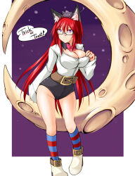 1girl animal animal_ear_fluff animal_ears animal_on_head belt black-framed_eyewear black_cat black_shorts blue_socks blush boots bow bowtie breasts brown_belt cat cat_ears cat_girl cat_on_head closed_mouth collared_shirt commentary_request cosplay full_body glasses high-waist_shorts kaminagi_(kaminagi-tei) large_breasts loli_ruri loli_ruri_(cosplay) long_hair looking_at_viewer micro_shorts on_crescent on_head pink_bow pink_bowtie purple_eyes purple_sky ragnarok_online red_hair red_socks shirt shorts sky smile socks solo standing striped_clothes striped_socks trick_or_treat very_long_hair white_boots white_shirt