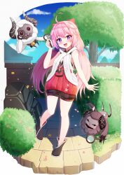 1girl :d ahoge bare_arms bare_shoulders bell black_boots black_shorts blue_sky blush boots bow cloud commentary_request day encore_(wuthering_waves) flower hair_between_eyes hair_bow hair_intakes hair_ornament hand_up head_tilt highres holding jacket long_hair looking_at_viewer low_twintails magnifying_glass neck_bell open_mouth petals pink_hair prophosphere puffy_shorts purple_eyes red_bow red_shirt shirt shorts sky sleeveless sleeveless_jacket smile solo standing standing_on_one_leg thick_eyebrows tree twintails very_long_hair white_jacket wuthering_waves yellow_flower