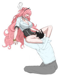 1girl absurdres artist_request bar_censor black_choker black_horns black_panties black_skirt blue_archive blush bracelet breasts censored choker cleavage clothing_aside collared_shirt cunnilingus double_bun fang gold_bracelet gold_necklace hair_bun halo held_up highres horns jewelry kirara_(blue_archive) large_breasts long_hair looking_down looking_up necklace open_mouth oral panties panties_aside pink_eyes pink_halo red_eyes sensei_(blue_archive) sensei_(blue_archive_the_animation) shirt sitting skirt smile socks tagme teeth thigh_strap thighs tongue tongue_out underwear upper_teeth_only white_shirt white_socks