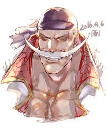 1boy bandana black_bandana collared_coat dated edward_newgate facial_hair highres long_mustache looking_at_viewer male_focus mustache muyukikiyoshi11521 one_piece simple_background smile solo upper_body v-shaped_eyebrows white_background yellow_eyes