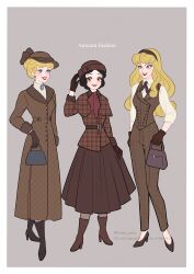 3girls absurdres aurora_(disney) bag belt black_hair blonde_hair blue_eyes boots brown_coat brown_eyes brown_gloves brown_hat brown_pants brown_skirt brown_vest capelet cinderella_(disney_character) cinderella_(disney_movie) coat commentary_request full_body gloves hair_bun hat headband high_heel_boots high_heels highres holding holding_bag long_hair moko_eaka multiple_girls pants pantyhose purple_eyes red_lips short_hair skirt sleeping_beauty_(disney) smile snow_white_(disney) snow_white_and_the_seven_dwarfs_(disney) vest