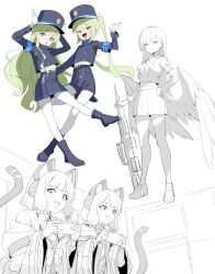 5girls absurdres animal_ear_headphones animal_ears armband assault_rifle belt blue_archive blue_boots blue_hat blue_jacket blue_shorts blue_skirt blush boots bow breasts buttons cat_ear_headphones cat_tail closed_mouth controller double-breasted earrings fake_animal_ears feathered_wings game_controller gloves green_hair gun hair_bow hand_on_own_hip hat headphones highres hikari_(blue_archive) holding holding_controller holding_game_controller ichika_(blue_archive) jacket jewelry long_hair long_sleeves looking_at_viewer midori_(blue_archive) momoi_(blue_archive) multiple_girls multiple_views neckerchief nozomi_(blue_archive) off_shoulder open_mouth pantyhose parack partially_colored pleated_skirt pointy_ears rifle shirt_tucked_in shoes short_twintails shorts sidelocks simple_background skirt small_breasts smile standing sweatdrop tail twintails weapon white_background white_gloves white_pantyhose wings yellow_eyes