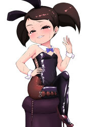 1girl absurdres animal_ears bare_shoulders becky_blackbell blush bow bowtie brown_eyes brown_hair brown_pantyhose collar covered_navel crossed_legs detached_collar dot_nose earrings eyelashes fake_animal_ears female_focus flat_chest from_side full_body grin hand_on_own_hip hand_up high_heels highleg highleg_leotard highres jewelry leotard loli looking_at_viewer looking_to_the_side matching_hair/eyes medium_hair mesugaki naughty_face pantyhose playboy_bunny purple_bow purple_bowtie purple_leotard purple_thighhighs rabbit_ears red_shoes shoes short_twintails simple_background sitting smile smug solo souyannsb spy_x_family strapless strapless_leotard teeth thighhighs twintails variant_set white_background white_collar wrist_cuffs