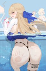 3girls absurdres ass bikini black_bikini blonde_hair blue_bow blue_eyes blush bow breasts brown_dust_(series) brown_dust_2 commentary from_behind hair_bow highleg highleg_bikini highres justia_(brown_dust) long_hair long_sleeves looking_at_viewer looking_back multiple_girls partially_submerged red_eyes shrug_(clothing) slap_mark swimsuit tally thick_thighs thigh_strap thighs tongue tongue_out white_shrug wilhelmina_(brown_dust) yinsan