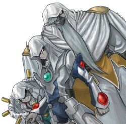 3boys android beard bifuteki_(bi_futeki) bodysuit chest_jewel cloak facial_hair group_picture highres hood hood_up jose_(yu-gi-oh!) lucciano male_focus multiple_boys placido red_eyes white_bodysuit white_cloak white_hood yu-gi-oh! yu-gi-oh!_5d&#039;s