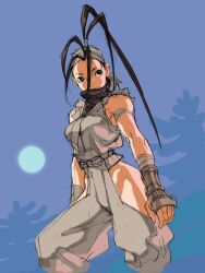 1girl antenna_hair armor bandana black_hair breasts dougi game_cg gloves hair_pulled_back high_ponytail highres hip_vent ibuki_(street_fighter) japanese_armor kote long_hair looking_to_the_side mask motoyui mouth_mask ninja ninja_mask nishimura_kinu non-web_source official_art ponytail solo street_fighter street_fighter_iii_(series) wrist_wrap