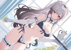 1girl alternate_costume azur_lane bikini black_bikini black_ribbon breasts cleavage closed_mouth commission cup curtains dunkerque_(azur_lane) elbow_gloves floating_hair frilled_thigh_strap glove_ribbon gloves grey_hair highres indoors long_hair looking_at_viewer maid maid_bikini maid_headdress navel purple_eyes ribbon skeb_commission smile solo standing stomach swimsuit teacup teapot thigh_strap tray unconventional_maid white_gloves window yoshino_ryou