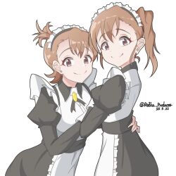 2girls absurdres apron black_dress brown_eyes brown_hair closed_mouth dated dress futami_ami futami_mami highres idolmaster idolmaster_(classic) juliet_sleeves long_sleeves looking_at_viewer looking_to_the_side maid maid_apron maid_headdress multiple_girls nillis puffy_sleeves short_hair siblings side_ponytail simple_background sisters smile standing turning_head twins twitter_username white_apron white_background white_headdress