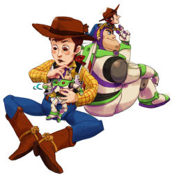 2boys buzz_lightyear cowboy_hat disney doll friends hat male_focus multiple_boys sheriff_woody toy_story