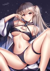 1girl anchorage_(azur_lane) azur_lane bikini blonde_hair breasts closed_mouth groin hair_ornament highres jacket large_breasts light_brown_hair looking_at_viewer navel open_clothes open_jacket pink_eyes signature smile solo spread_legs swimsuit thigh_strap two_side_up wsman