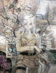 1girl absurdres battle_rifle belt black_belt blue_butterfly branch bug building bullet butterfly clock clock_hands cowboy_shot expressionless flower green_butterfly grey_eyes grey_hair gun handgun highres holding holding_gun holding_weapon insect jacket kao_(277029) knife looking_at_viewer military_uniform original painting_(medium) pants picture_frame pink_flower pink_rose revolver rifle rose shirt solo thigh_belt thigh_strap thorns traditional_media watercolor_(medium) weapon yellow_butterfly yellow_jacket yellow_pants yellow_shirt