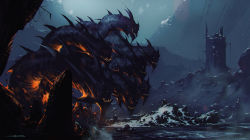 3others absurdres ambiguous_gender axe cliff commentary english_commentary glowing glowing_eyes highres hydra kalmahul knight monster multiple_heads multiple_others mythology night original outdoors sharp_teeth size_difference snow sword teeth water weapon yelbegen