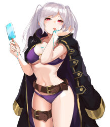 1girl belt belt_buckle bikini black_coat breasts brown_belt buckle coat coat_on_shoulders commentary_request dark_persona evil_smile female_robin_(fire_emblem) female_robin_(grima)_(fire_emblem) female_robin_(seaside_tactician)_(fire_emblem) fire fire_emblem fire_emblem_awakening fire_emblem_heroes food gloves highres hip_focus holding holding_food holding_popsicle hood hood_down large_breasts licking long_hair looking_at_viewer navel nintendo o-ring o-ring_bikini ormille popsicle purple_bikini purple_fire red_eyes robe simple_background smile solo swimsuit thigh_strap thighs tongue tongue_out twintails white_background white_hair witch