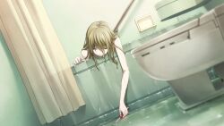 1girl attempted_suicide bare_shoulders bath bathing bathroom bathtub blonde_hair boxcutter closed_eyes completely_nude crying curtains dutch_angle facing_down frown fukuda_tomonori game_cg hair_between_eyes hair_down highres holding holding_boxcutter in_bathtub koujiro_frau non-web_source nude official_art overflowing overflowing_bath partially_submerged robotics;notes see-through_curtains shower_curtain solo streaming_tears tears toilet water water_drop wet wet_hair