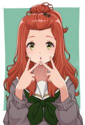 1girl border double_v green_neckerchief grey_jacket hair_ornament hibike!_euphonium highres jacket kenzaki_ririka kitauji_high_school_uniform looking_at_viewer neckerchief open_mouth orange_hair school_uniform solo star_(symbol) star_hair_ornament telaform v white_border