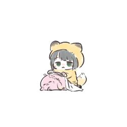 1girl :3 aged_down ahoge animal_ears animal_hood animalization anyoji_hime ao_kaeru black_hair blanket chibi covering_with_blanket fox_ears fox_girl fox_hood fox_tail green_eyes highres holiday_holiday_(love_live!) holiday_holiday_(tenko)_(love_live!) hood hoodie link!_like!_love_live! long_sleeves looking_at_another love_live! momose_ginko multi-tied_hair official_alternate_costume ponytail seal_(animal) short_hair simple_background sleeping_animal tail virtual_youtuber white_background yellow_hoodie