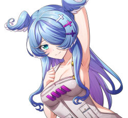1girl aqua_eyes arm_up armpits blue_hair blush breasts dot_nose elira_pendora elira_pendora_(1st_costume) hair_over_one_eye head_wings highres large_breasts long_hair naked_overalls nijisanji nijisanji_en overalls ryusei2u simple_background smile solo virtual_youtuber white_background wings