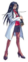 Rule 34 | 1girl, absurdres, black hair, coat, earrings, edaki shin&#039;ya, full body, game cg, glasses, high heels, highres, holding, jewelry, justice gakuen, lab coat, legs apart, long hair, looking at viewer, minazuki kyouko, moero! justice gakuen, necklace, non-web source, official art, open clothes, open coat, pantyhose, simple background, smile, solo, standing, sweater, teacher, turtleneck, turtleneck sweater, white background