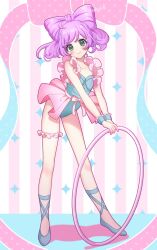 Rule 34 | 1girl, bare arms, blue leotard, blue shoes, blue wrist cuffs, blush, bow, bow-shaped hair, commentary, dot nose, frilled cuffs, frilled garter, frills, full body, green eyes, highres, hoop, hula hoop, leaning forward, legs apart, leotard, looking at viewer, manaka laala, mendamen, miniskirt, pink bow, pink garter, pink skirt, polka dot leotard, pretty series, pripara, purple hair, shoes, showgirl skirt, skirt, smile, solo, standing, striped background, twitter username, vertical-striped background, wrist cuffs