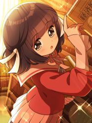 Rule 34 | 1girl, :o, aopanda, black hair, blush, book, brown eyes, from above, hair ribbon, holding, holding book, kami nomi zo shiru sekai, library, looking back, neck ribbon, open mouth, pink ribbon, pink skirt, pleated skirt, red shirt, ribbon, sailor collar, school uniform, serafuku, shiomiya shiori, shirt, short hair, skirt, solo, sparkle, white ribbon, white sailor collar