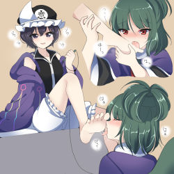2others adagumo_no_saragimaru androgynous barefoot black_eyes black_hair black_shirt black_sleeves blunt_bangs capelet feet foot_worship green_hair hat highres holding_another&#039;s_foot hood hooded_jacket jacket legs len&#039;en licking licking_foot mob_cap multiple_others off_shoulder ougi_hina ponytail puffy_shorts purple_capelet purple_jacket red_eyes shirt shitodo_kuroji short_hair short_ponytail shorts sitting sleeveless sleeveless_shirt snake_tail tail tongue tongue_out triangular_headpiece white_shorts wide_sleeves