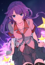 1girl bakemonogatari black_thighhighs blue_eyes blush breasts collarbone cowboy_shot gradient_background grey_skirt happy_birthday highres long_hair looking_at_viewer medium_breasts miniskirt monogatari_(series) naoetsu_high_school_uniform necktie night night_sky pink_shirt pleated_skirt purple_hair school_uniform senjougahara_hitagi shirt short_sleeves sitting skirt sky solo star_(symbol) thighhighs usa003uni very_long_hair zettai_ryouiki