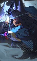 1girl absurdres animal_ear_fluff animal_ears aqua_jacket black_hair black_necktie black_skirt fox_ears fox_girl gauntlets green_jacket headband high-waist_skirt highres holding holding_sword holding_weapon hoshimi_miyabi jacket long_hair looking_at_viewer necktie red_eyes ring_hair_ornament shirt shumai_il sidelocks single_gauntlet skirt sword upper_body weapon yellow_headband zenless_zone_zero