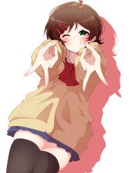 1girl ;) absurdres ahoge black_thighhighs blue_skirt blush brown_hair cardigan clark_grimms commentary_request double_gyaru_v gyaru_v highres idolmaster idolmaster_million_live! kinoshita_hinata long_sleeves looking_at_viewer neck_ribbon one_eye_closed pleated_skirt red_ribbon ribbon simple_background skirt smile solo thighhighs v white_background yellow_cardigan zettai_ryouiki