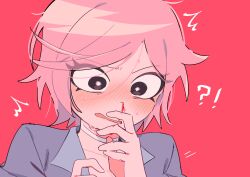 !? 1girl blood blush breasts bright_pupils choker cleavage commentary english_commentary flustered grey_shirt highres mameo_(mameo6416) nosebleed pink_hair ramona_flowers red_background scott_pilgrim_(series) scott_pilgrim_takes_off shirt short_hair solo upper_body white_pupils