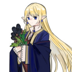 1girl asha_in_erinn blonde_hair blue_eyes earrings elf flower jewelry long_hair looking_at_viewer mabinogi pointy_ears portia_(mabinogi) robe simple_background