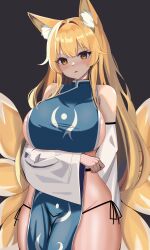 1girl absurdres adapted_costume alternate_hair_length alternate_hairstyle animal_ear_fluff animal_ears arm_under_breasts bare_shoulders bikini blush breasts commentary_request dark_background detached_sleeves fox_ears fox_tail grey_background groin highres large_breasts long_hair long_sleeves multiple_tails naked_tabard no_headwear ody_kishi parted_lips side-tie_bikini_bottom sideboob simple_background solo swimsuit tabard tail touhou triangle_mouth very_long_hair wide_sleeves yakumo_ran yellow_eyes
