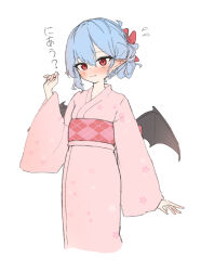 1girl absurdres alternate_costume bat_wings blue_hair blush closed_mouth cropped_legs ei_tantan flat_color flying_sweatdrops hair_ribbon hand_up highres japanese_clothes kimono long_sleeves looking_at_viewer no_headwear pink_kimono pointy_ears red_eyes red_ribbon remilia_scarlet ribbon short_hair solo touhou white_background wide_sleeves wings