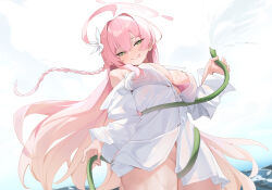 1girl absurdres ahoge between_thighs bikini bikini_under_clothes blue_archive blush bow braid breasts closed_mouth collared_shirt commentary green_eyes groin hair_between_eyes hair_bow halo hanako_(blue_archive) hanako_(swimsuit)_(blue_archive) highres holding holding_hose hose large_breasts long_hair long_sleeves looking_at_viewer no_panties pink_bikini pink_hair pink_halo shirt smile solo summer_(724788381) swimsuit thighs tongue tongue_out water white_bow white_shirt
