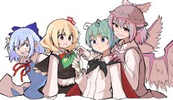 4girls animal animal_ears antennae bird_ears bird_wings black_cape black_skirt black_vest blonde_hair blue_bow blue_dress blue_eyes blue_hair blush bow brown_dress brown_headwear bug cape cirno closed_mouth collared_shirt dress earrings fingernails firefly green_eyes green_hair grey_wings hair_bow hair_ribbon hat highres holding holding_leaf insect jewelry leaf long_fingernails long_sleeves multiple_girls mystia_lorelei nail_polish open_mouth pink_hair pink_nails red_eyes red_ribbon ribbon rumia sharp_fingernails shinmon_akika shirt short_hair short_sleeves simple_background single_earring skirt team_9_(touhou) touhou vest white_background white_shirt winged_hat wings wriggle_nightbug