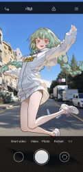 Rule 34 | 1girl, absurdres, alternate costume, arm up, grey eyes, grey hair, highres, hood, hoodie, long hair, looking at viewer, outdoors, panties, photo background, phrolova (wuthering waves), ryeon (naturesan), shoes, sneakers, solo, striped clothes, striped panties, underwear, white hoodie, wuthering waves
