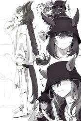3girls animal_ears beanie braid braided_ponytail bucket_hat chibi closed_eyes closed_mouth ears_through_headwear frown greyscale hand_on_headwear hat highres holding holding_towel horse_ears horse_girl horse_tail jewelry jitome long_hair looking_at_viewer mask monochrome mouth_mask multiple_girls multiple_views nakayama_festa_(umamusume) open_mouth panipuri pendant shirt shorts sirius_symboli_(umamusume) slippers smile standing symboli_rudolf_(umamusume) tail towel umamusume v v-shaped_eyebrows yawning