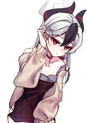 1girl absurdres black_dress black_hair black_horns blue_archive blush brown_jacket commentary_request demon_horns dress evening_gown grey_hair hair_between_eyes halo hand_up highres horns jacket kayoko_(blue_archive) kayoko_(dress)_(blue_archive) long_hair long_sleeves looking_at_viewer multicolored_hair nocturnal1113 official_alternate_costume official_alternate_hairstyle parted_lips red_eyes simple_background solo standing tucking_hair two-tone_hair white_background