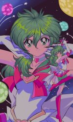 1boy alternate_costume andromeda_shun bike_shorts boots bow brooch choker circlet cosplay crossdressing elbow_gloves full_body gloves green_eyes green_hair green_sailor_collar green_shorts hand_in_own_hair hands_in_own_hair hands_up heart heart_brooch heart_choker high_heel_boots high_heels highres holding holding_wand jewelry knee_boots long_hair looking_at_viewer male_focus multiple_views pink_boots pink_bow planet pleated_skirt sailor_collar sailor_moon sailor_senshi sailor_senshi_uniform saint_seiya shorts skirt space standing star_(sky) trap upper_body vampyrebellion wand white_choker white_gloves