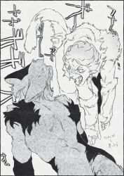 2boys all_fours alonzo_(cats) animal_ears arm_warmers bakushi_(smys2017) cat_boy cat_ears cat_tail cats_(musical) commentary_request ears_down grey_background greyscale highres hissing leg_warmers looking_at_another male_focus monochrome multiple_boys plato_(cats) short_hair simple_background tail translation_request