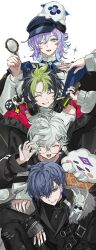 Rule 34 | 4boys, absurdres, aqua eyes, black hair, black hat, black jacket, black nails, blue eyes, blue hair, closed eyes, colored inner hair, fur collar, glasses, green hair, grey hair, grin, hair ornament, hand mirror, hat, headphones, highres, hoshirube sho, inami rai, jacket, jewelry, koyanagi rou, long sleeves, male focus, mirror, multicolored hair, multiple boys, murakumo kagetsu, nail polish, newsboy cap, nijisanji, one eye closed, one side up, purple hair, ring, round eyewear, shirt, short hair, simple background, sleeves past wrists, smile, sparkle, streaked hair, two-tone hair, virtual youtuber, wasabi (d82nsst), white background, white shirt, x hair ornament